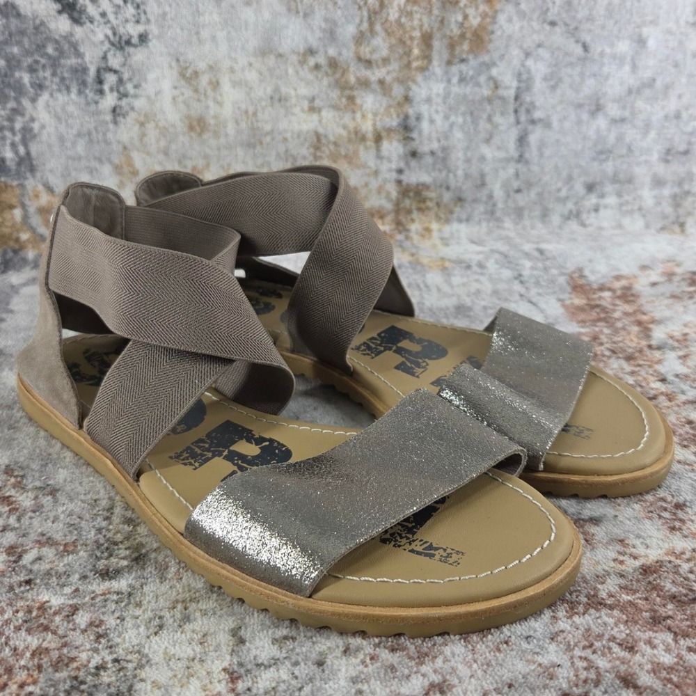 Sorel Ella‎ II Sandals Womens 7.5 Ash Brown Metallic Silver Strappy Elastic Flat
